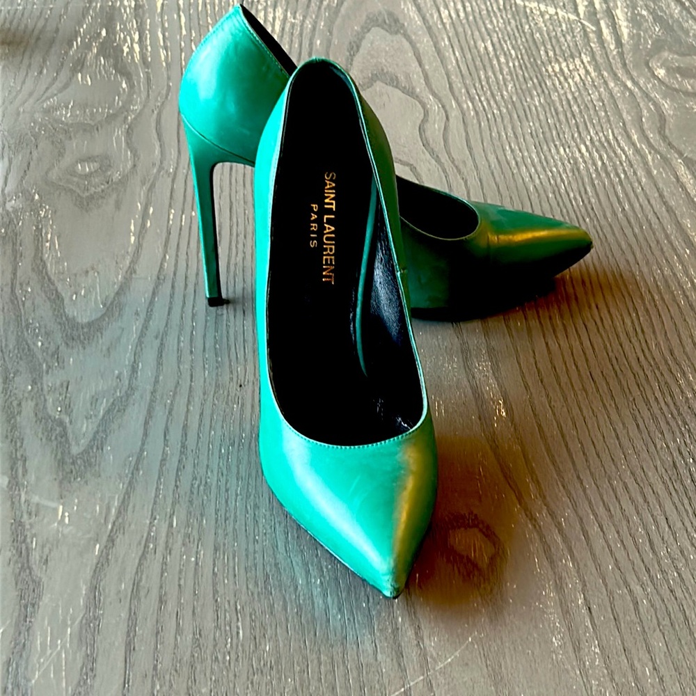 Saint Laurent 37 green leather pumps shoes stiletto platform YSL